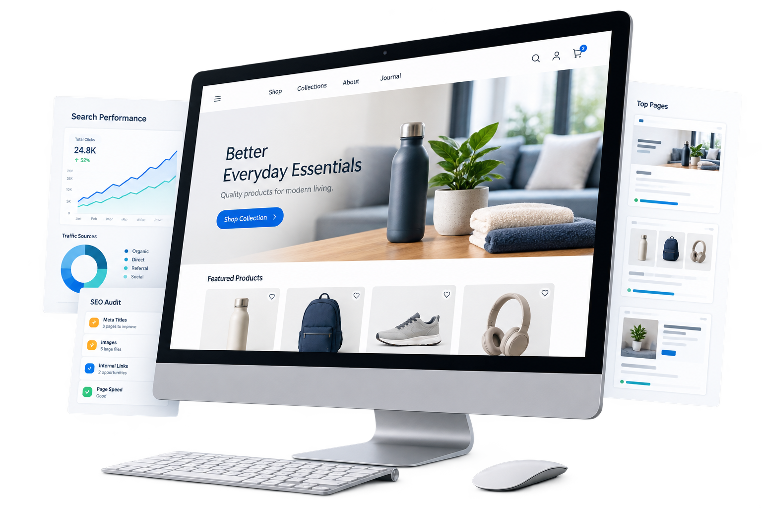 Desktop website review with layered SEO audit pages and recommendations