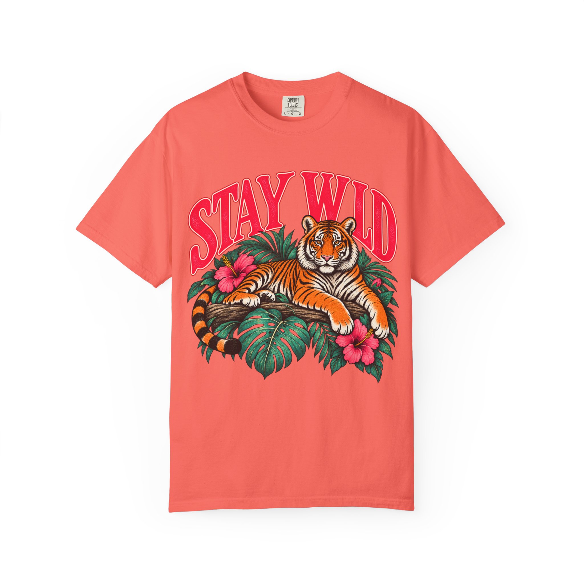 Coral Stay Wild T-shirt, front view.