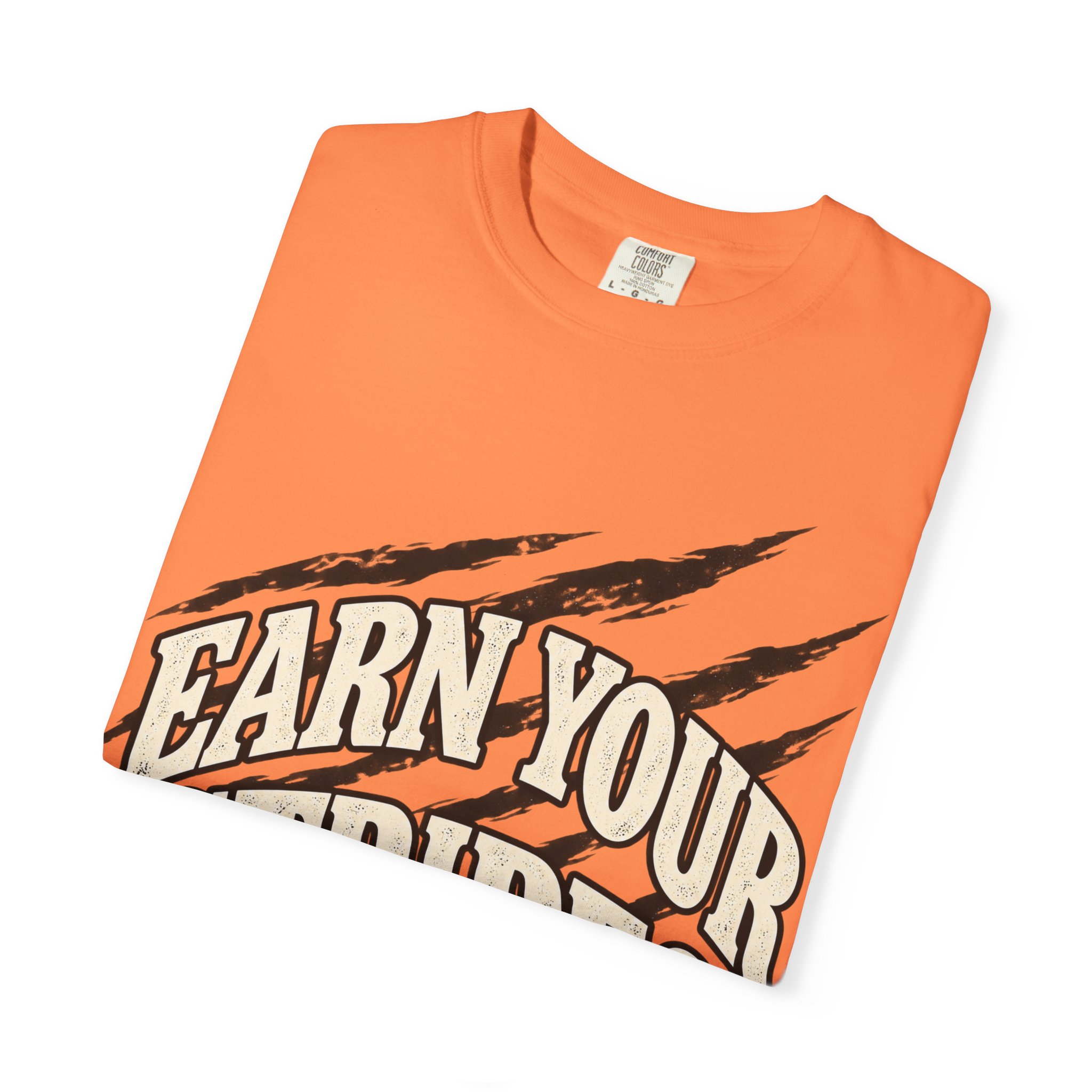 Orange Earn Your Stripes T-shirt, folded to show the front design.