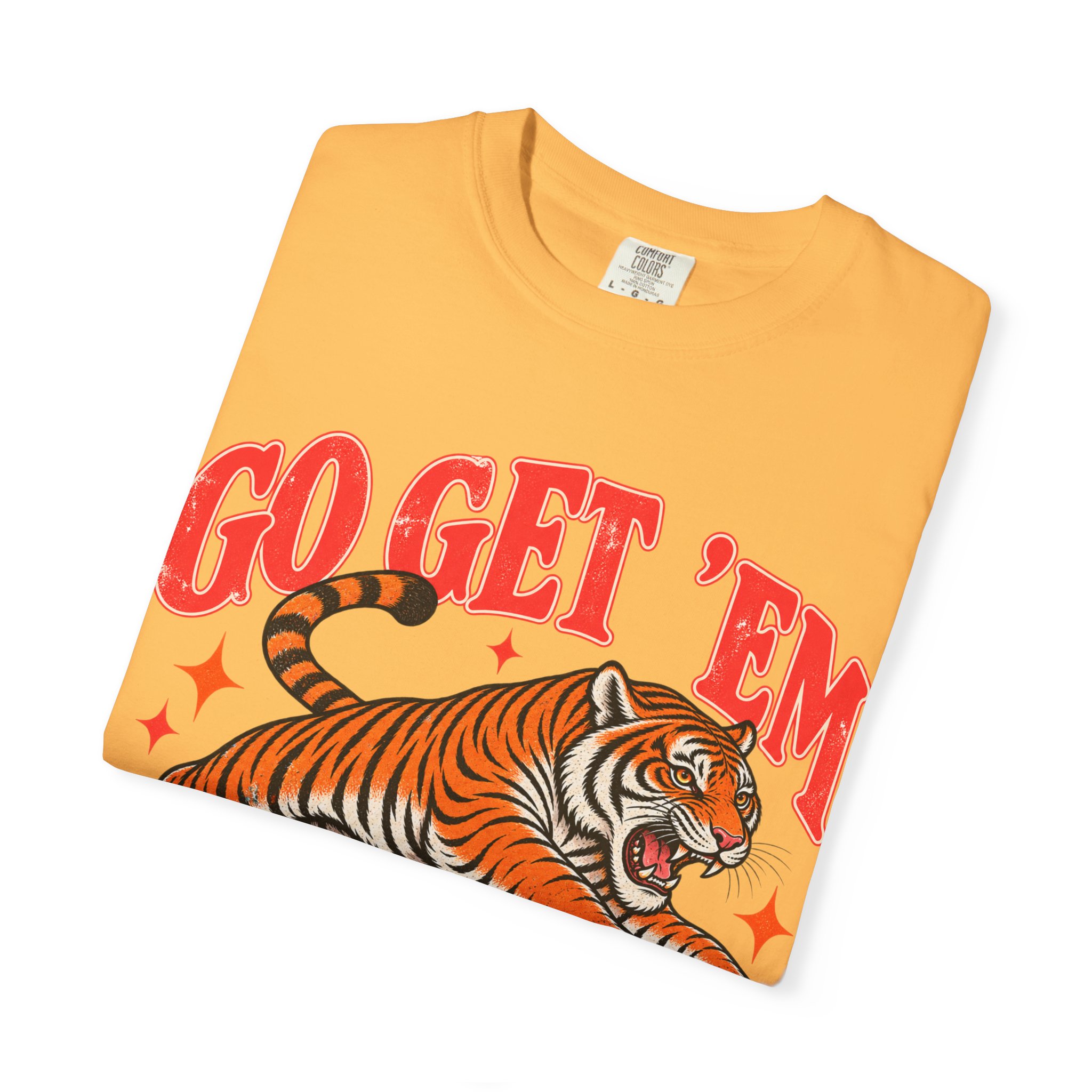 Yellow Go Get ’Em Tiger T-shirt, folded to show the front design.