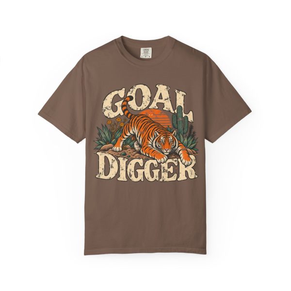 Brown Goal Digger T-shirt with cream lettering and a tiger illustration on the front.