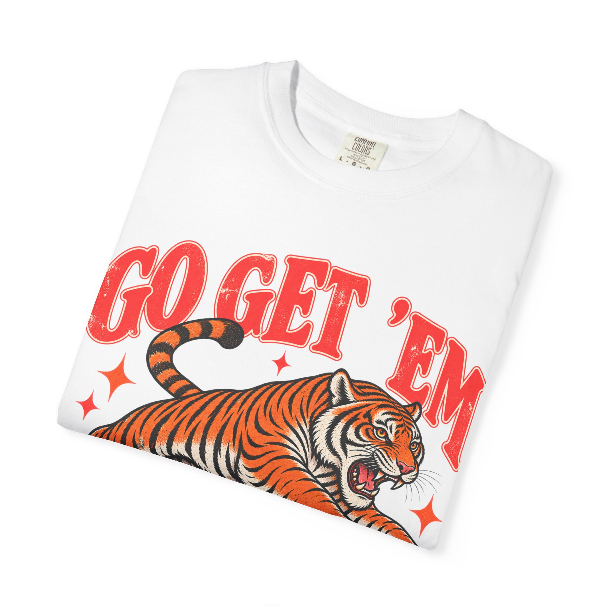White Go Get ’Em Tiger T-shirt, folded to show the front design.