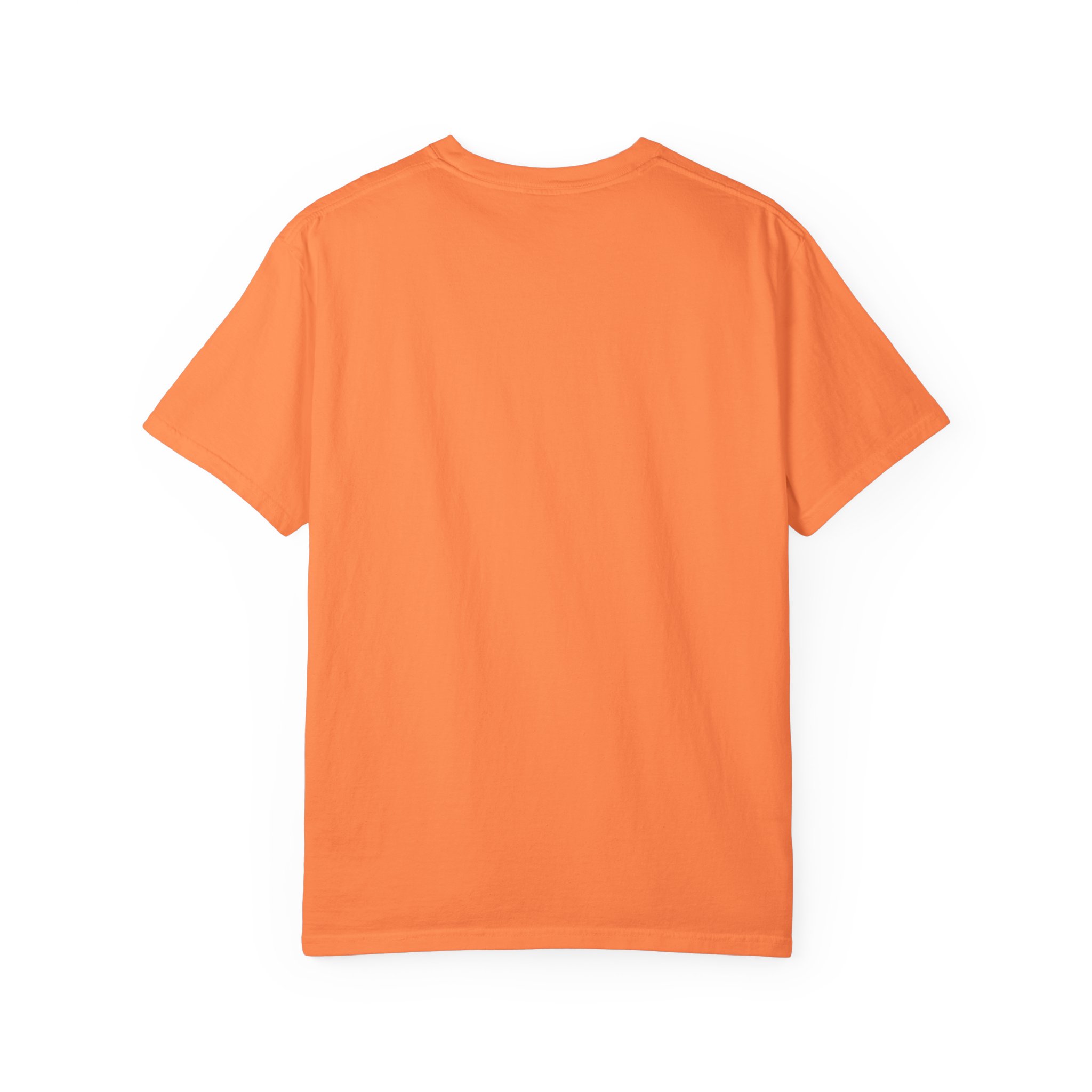 Plain back of the orange Earn Your Stripes T-shirt.