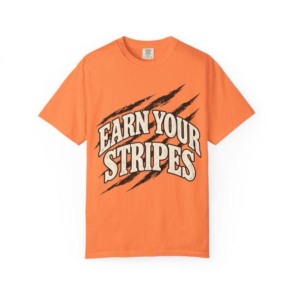 Orange Earn Your Stripes T-shirt, front view.