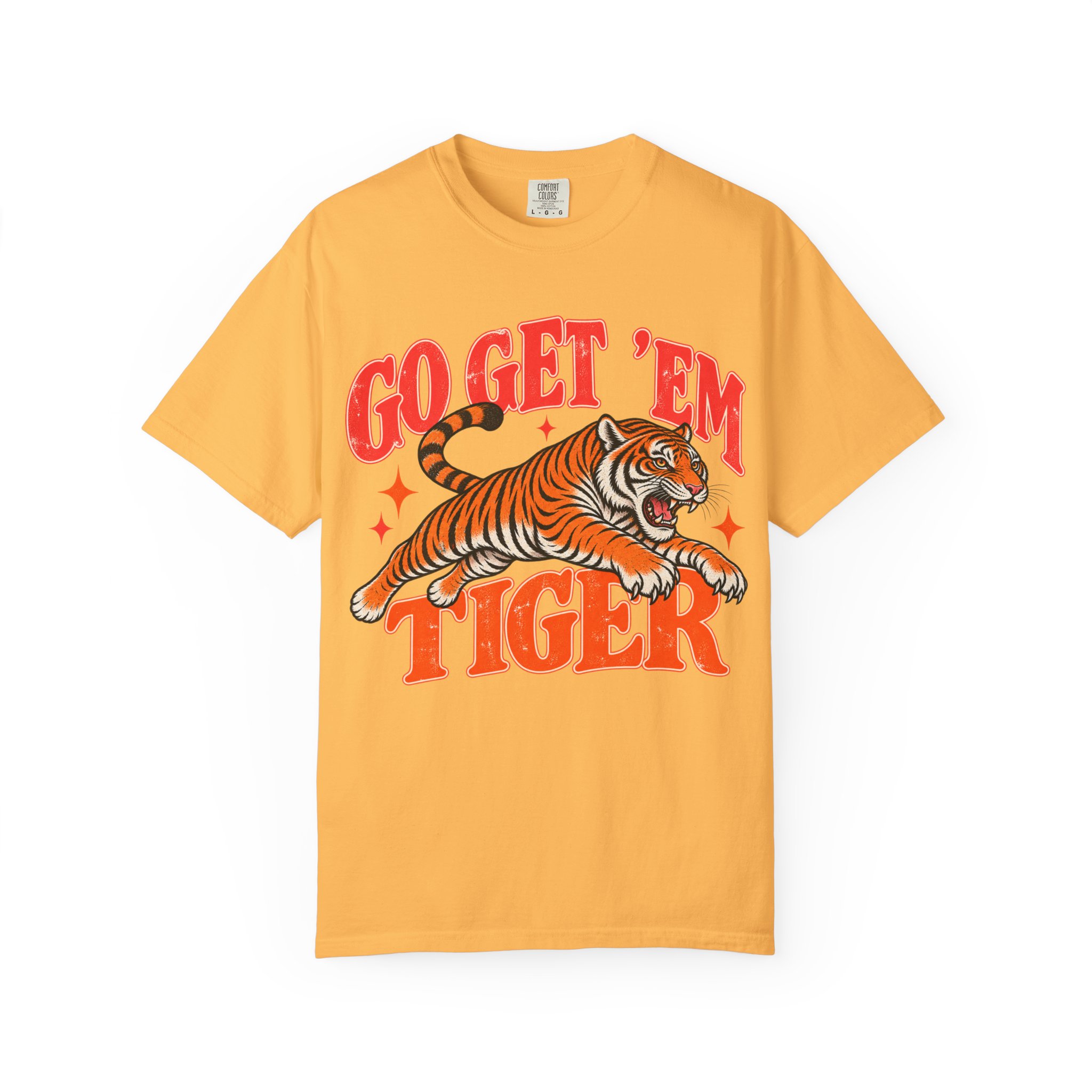 Yellow Go Get ’Em Tiger T-shirt, front view.