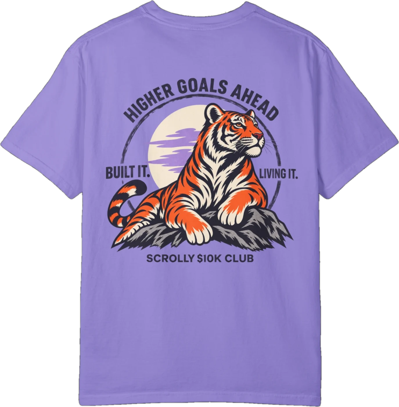 Back of the $10K Challenge stripe shirt: Higher goals ahead. Built it. Living it. Scrolly $10K Club.