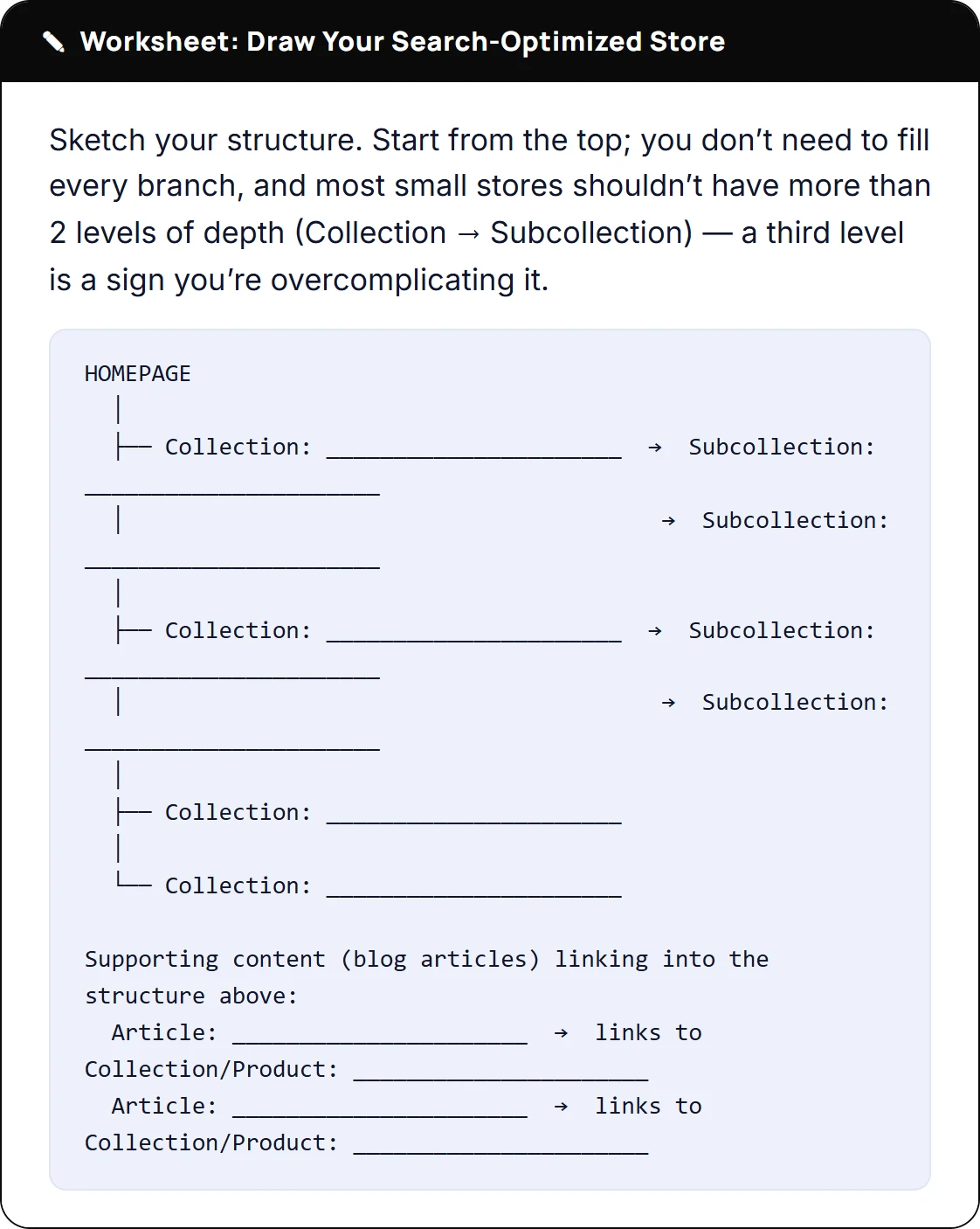 Real workbook page, Section 6: the Draw Your Search-Optimized Store worksheet